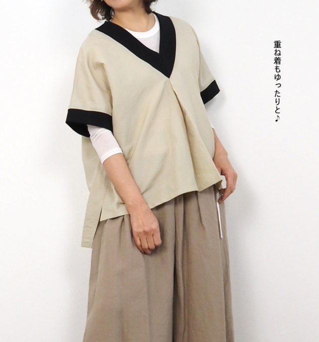 MANON マノン プルオーバーシャツ Vネック リネンナイロン レディース