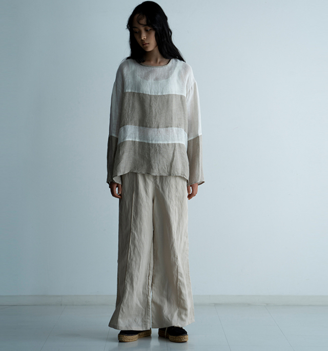 MANON マノン メッシュリネン プルオーバーシャツ スウィッチボーダー レディース