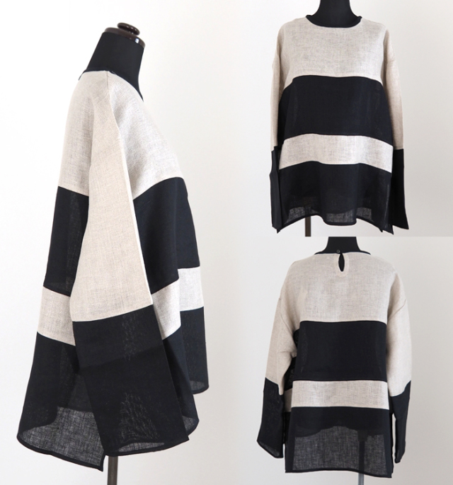 MANON マノン メッシュリネン プルオーバーシャツ スウィッチボーダー レディース