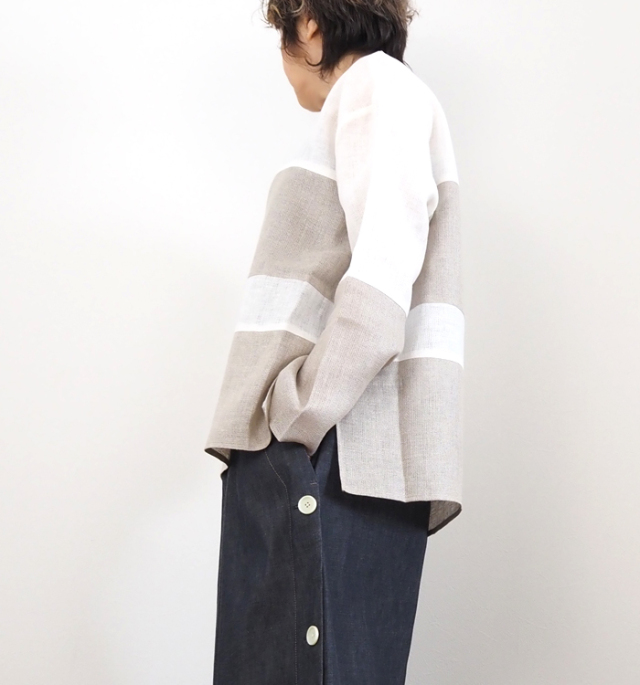 MANON マノン メッシュリネン プルオーバーシャツ スウィッチボーダー レディース