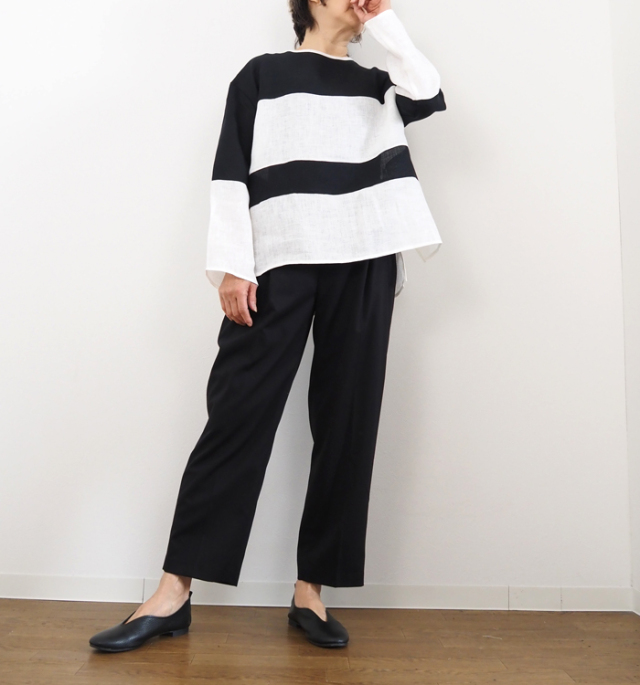 MANON マノン メッシュリネン プルオーバーシャツ スウィッチボーダー レディース