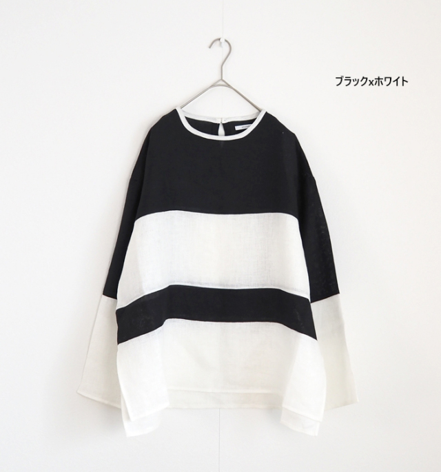 MANON マノン メッシュリネン プルオーバーシャツ スウィッチボーダー レディース