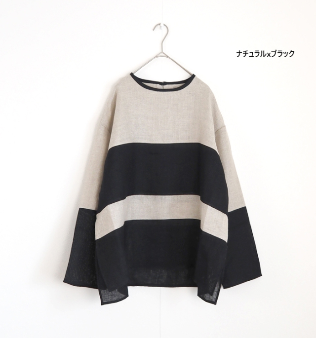 MANON マノン メッシュリネン プルオーバーシャツ スウィッチボーダー レディース