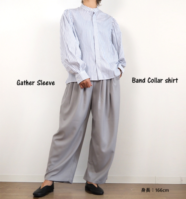 MANON マノン ギャザースリーブ バンドカラーシャツ レディース