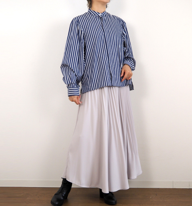 MANON マノン ギャザースリーブ バンドカラーシャツ レディース