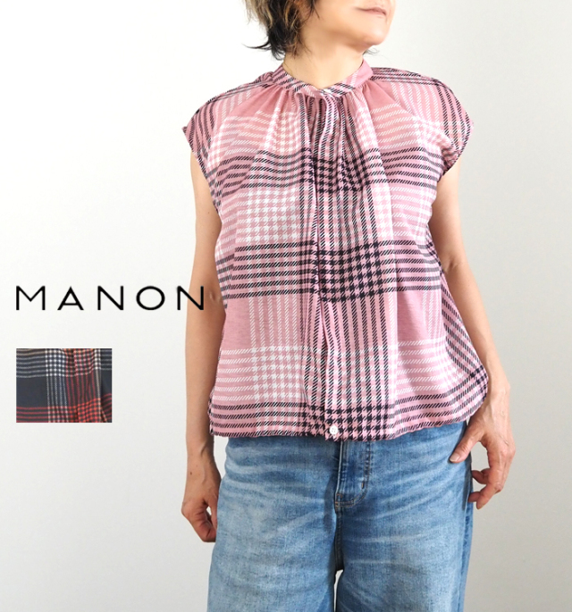 MANONマノン スピンドルギャザーブラウス オリジナルチェックプリント レディース