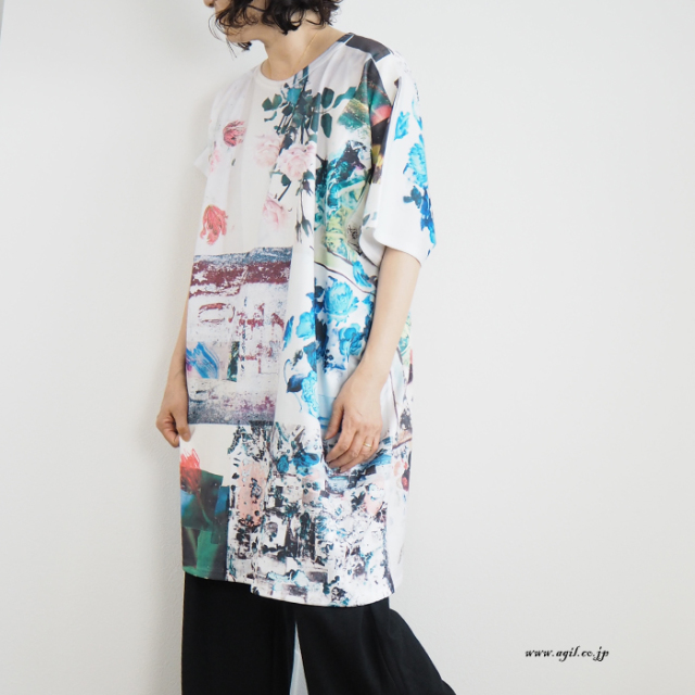 SALE チランドシア CILANDSIA Tシャツワンピ−ス アシンメトリープリント レディース メンズ CILANDSIA SALE チランドシア Tシャツワンピ−ス アシンメトリー