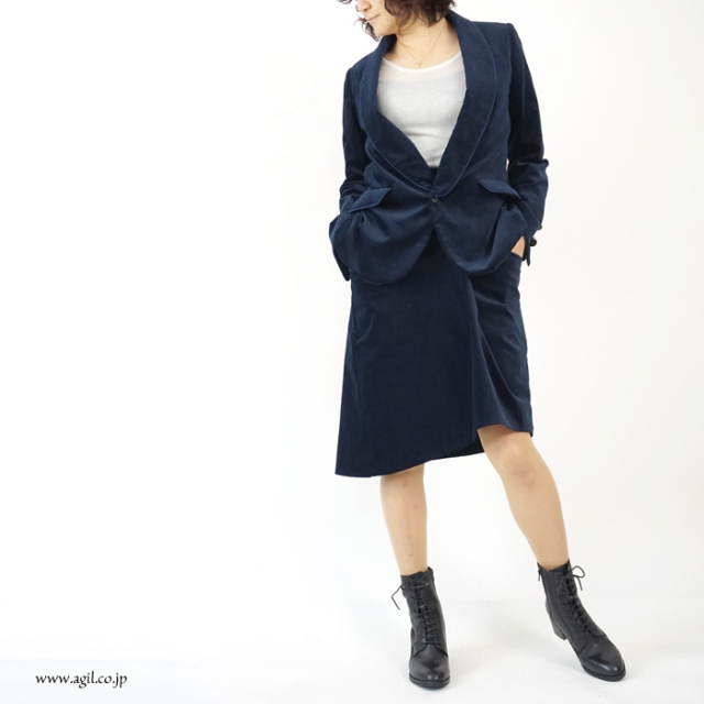 tiny dinosaur(タイニーダイナソー) コットンベルベット ストレッチ ショールカラージャケット ネイビー レディース 
