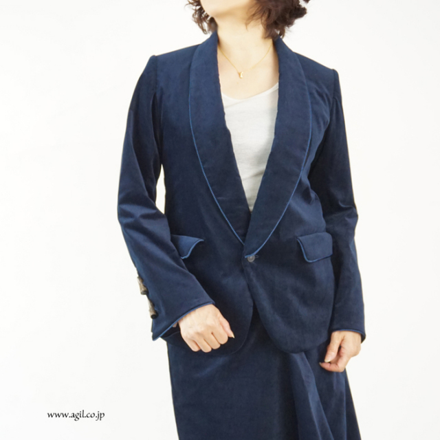 tiny dinosaur(タイニーダイナソー) コットンベルベット ストレッチ ショールカラージャケット ネイビー レディース 