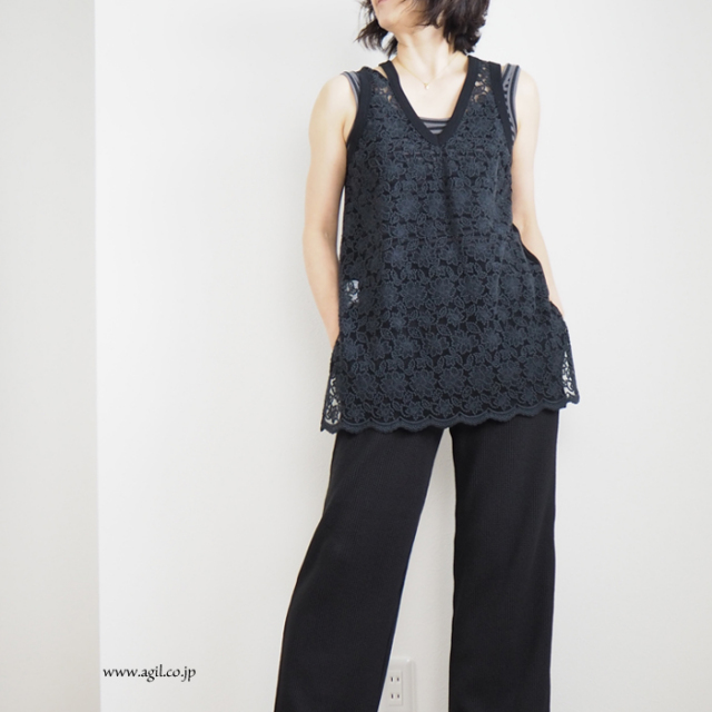 tiny dinosaur(タイニーダイナソー) ノースリーブ レースチュニック ブラック レディース 