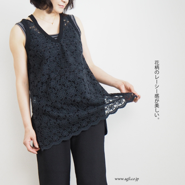 tiny dinosaur(タイニーダイナソー) ノースリーブ レースチュニック ブラック レディース 