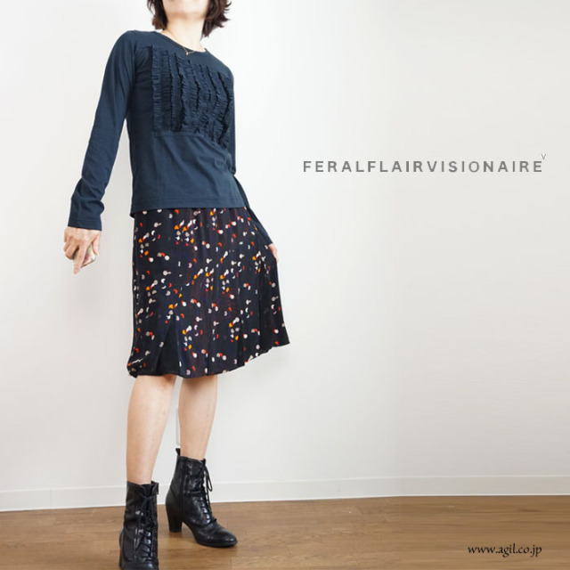 FERAL FLAIR VISIONAIRE フィラルフレア ヴィジョネア 長袖フリル プルオーバー天竺カットソー ネイビー レディース