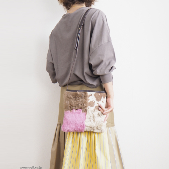mononogu もののぐ パッチワーク ムートンファー ヘアカーフ ショルダーバッグ 本革 日本製 レディース