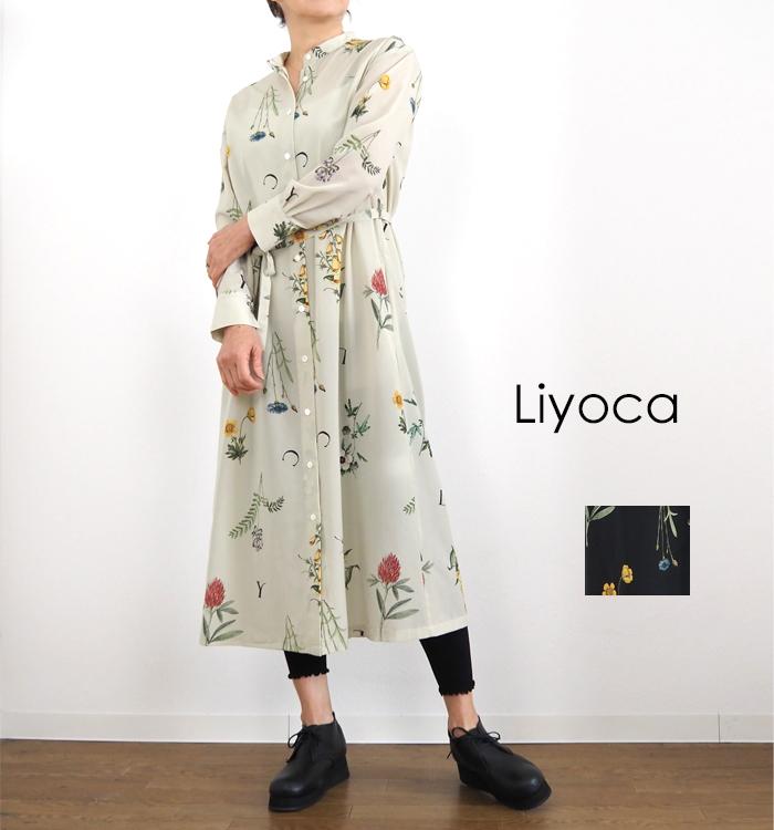 Liyoca リヨカ ボタニカルプリント バンドカラーワンピース レディース