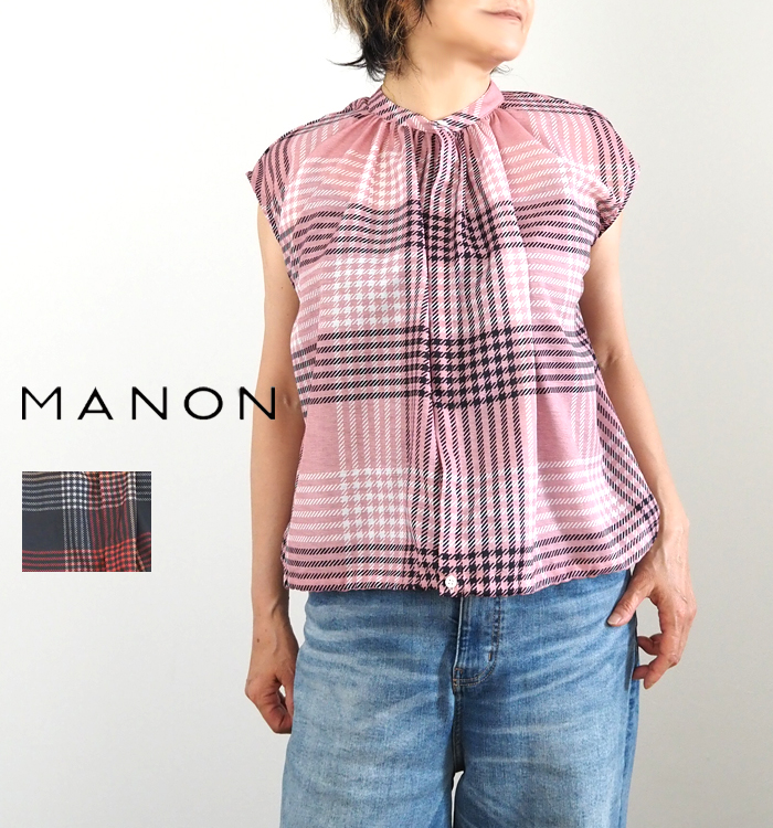 MANONマノン スピンドルギャザーブラウス オリジナルチェックプリント レディース