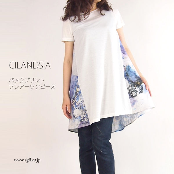 CILANDSIA(チランドシア) バックプリント ラウンドネック サックフレアーワンピース レディース