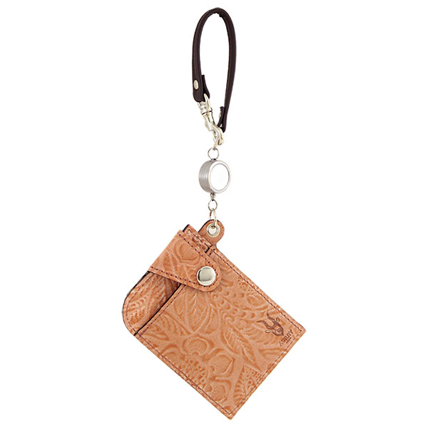 パスケース リール付き 牛革 花柄 日本製 レザー