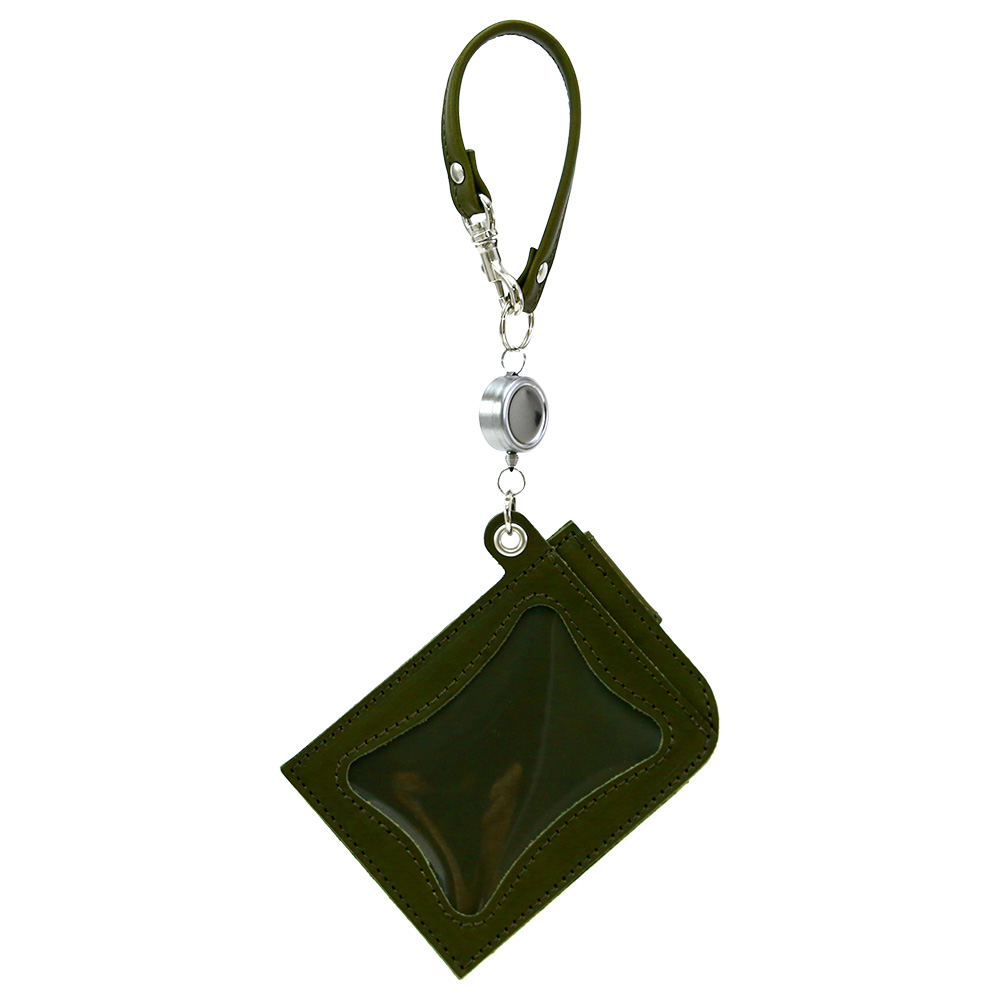 リール付きパスケース 定期入れ ICカードケース 2枚 本革 レザー 日本製 カーキ