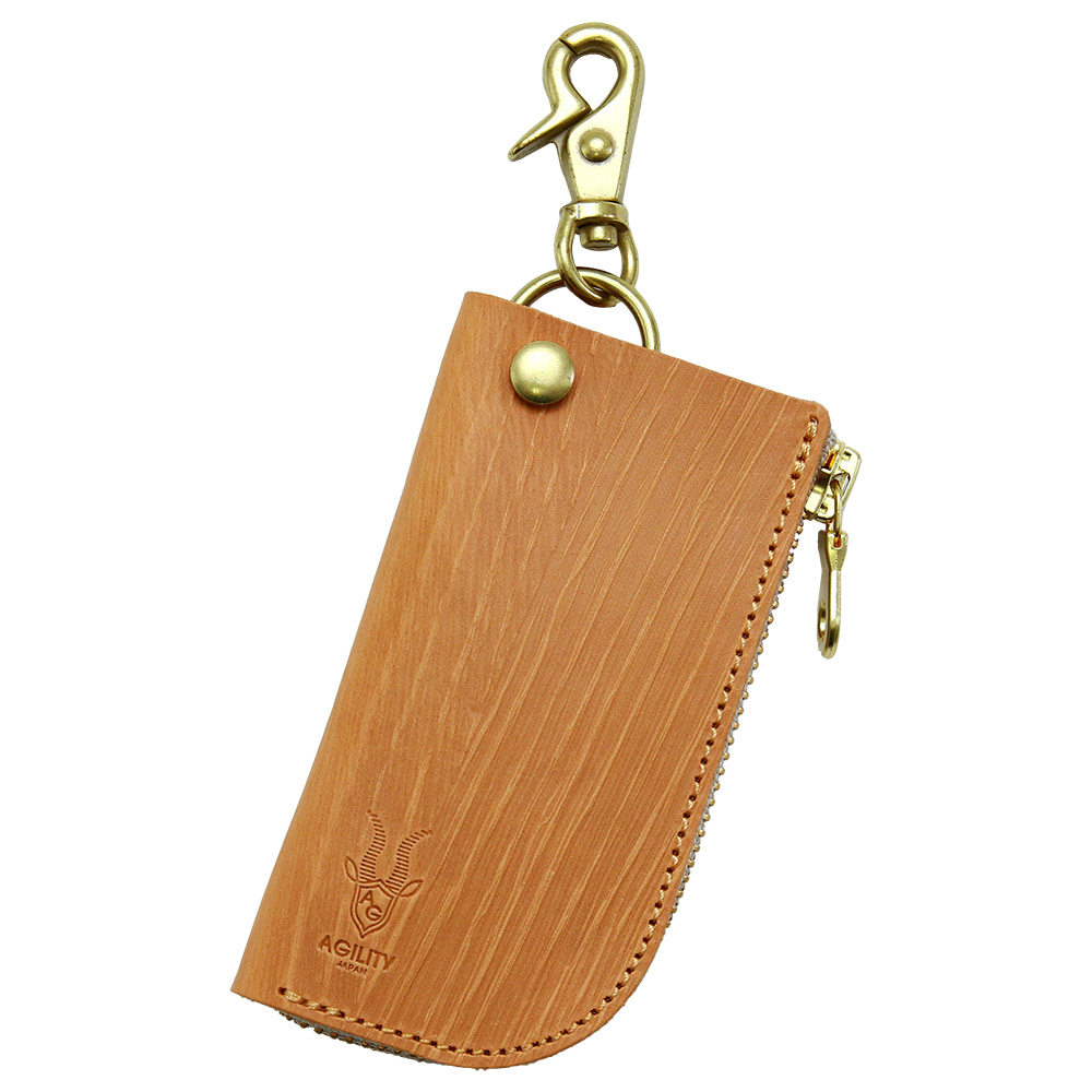 キーケース スマートキー l字ファスナー 木目調 ウッドレザー 本革 レザー ベージュ