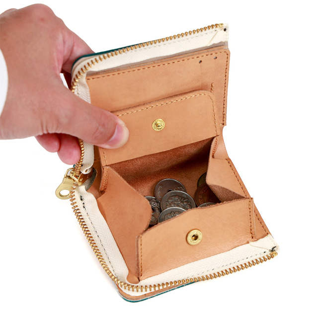 二つ折り財布 ミニ財布 正方形 L字ファスナー コンパクト 革 レザー メンズ レディース