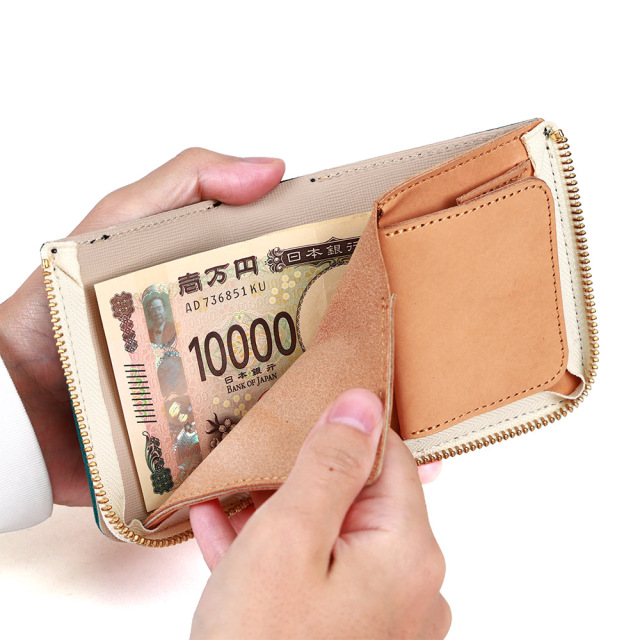 二つ折り財布 ミニ財布 正方形 L字ファスナー コンパクト 革 レザー メンズ レディース