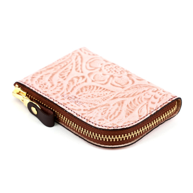 コンパクト コインケース 小銭入れ ミニ財布 L字ファスナー 花柄 型押し