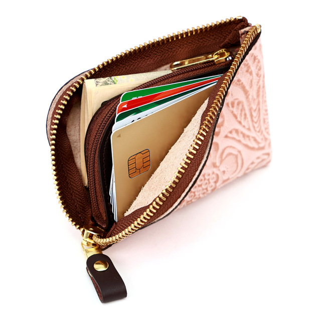 コンパクト コインケース 小銭入れ ミニ財布 L字ファスナー 花柄 型押し