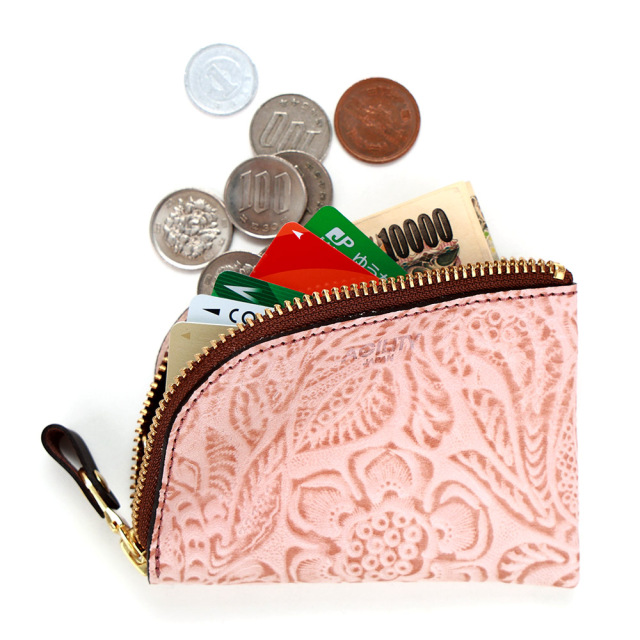コンパクト コインケース 小銭入れ ミニ財布 L字ファスナー 花柄 型押し