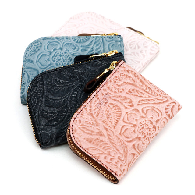 コンパクト コインケース 小銭入れ ミニ財布 L字ファスナー 花柄 型押し