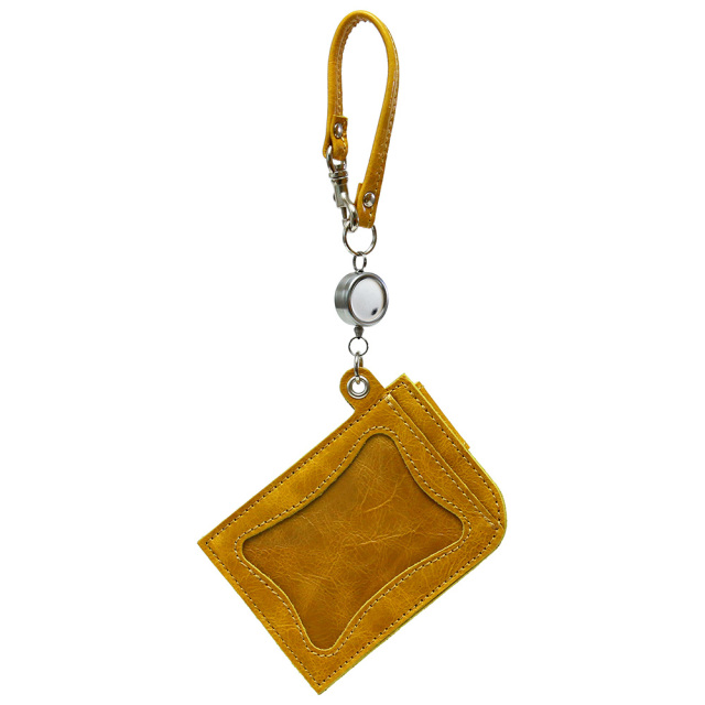 リール付きパスケース 定期入れ ICカードケース 2枚 本革 レザー 日本製 イエロー