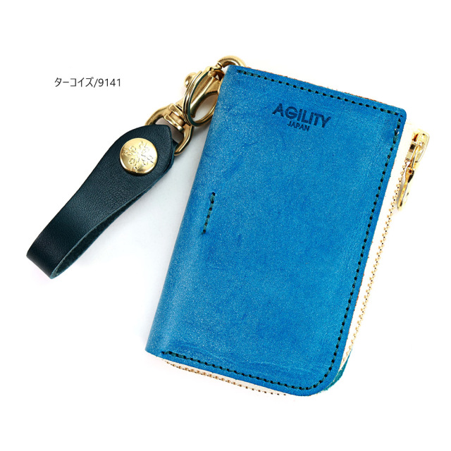 キーケース コインケース 小銭入れ スマートキー 2本 L字ファスナー 革 栃木レザー ターコイズブルー