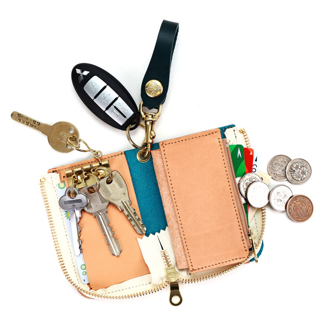 キーケース コインケース 小銭入れ スマートキー 2本 L字ファスナー 革 栃木レザー ターコイズブルー