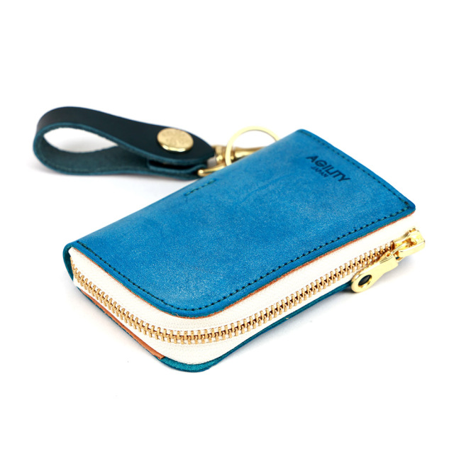 キーケース コインケース 小銭入れ スマートキー 2本 L字ファスナー 革 栃木レザー ターコイズブルー