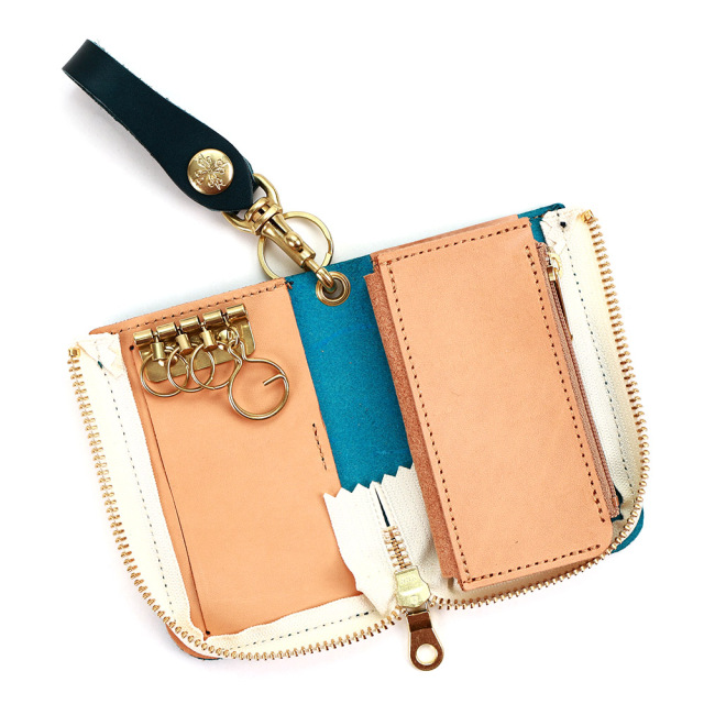 キーケース コインケース 小銭入れ スマートキー 2本 L字ファスナー 革 栃木レザー ターコイズブルー