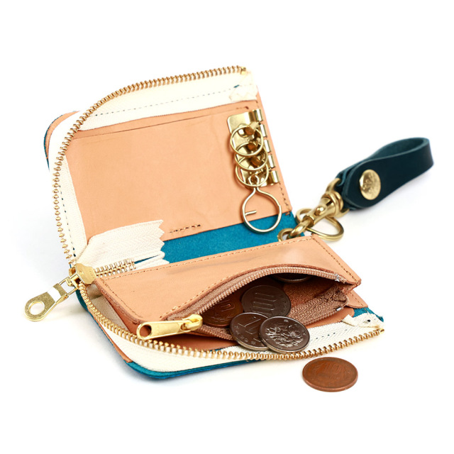 キーケース コインケース 小銭入れ スマートキー 2本 L字ファスナー 革 栃木レザー ターコイズブルー