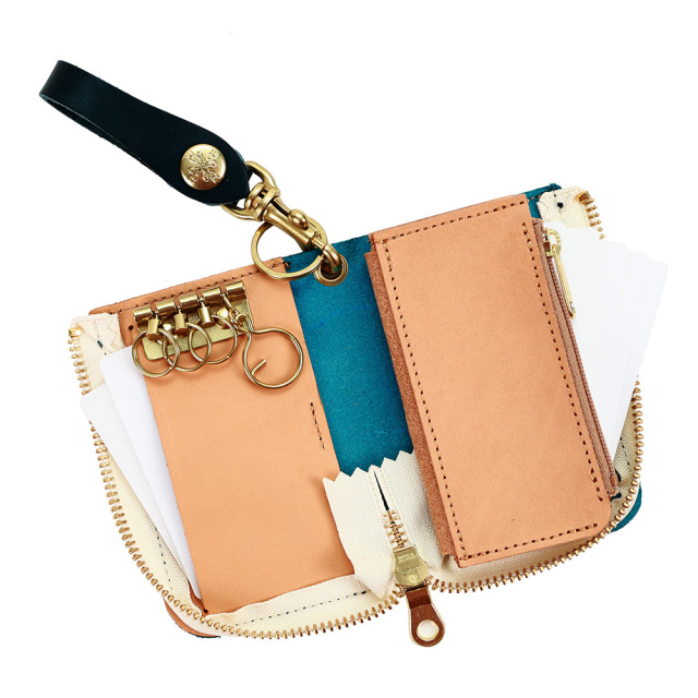 キーケース コインケース 小銭入れ スマートキー 2本 L字ファスナー 革 栃木レザー ターコイズブルー