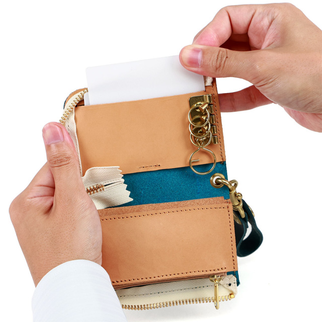 キーケース コインケース 小銭入れ スマートキー 2本 L字ファスナー 革 栃木レザー ターコイズブルー