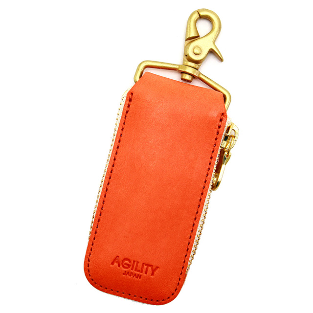 キーケース キーリング スマートキー レザー シンプル 本革 ナスカン 小さめ オレンジ