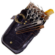 ネイビー＆焦げ茶　６丁差し　革ベルト付　本革シザーケース　SCL-100/CNA ネイビー＆焦げ茶 6丁差し 革ベルト付 本革シザーケース SCL-154/CNA