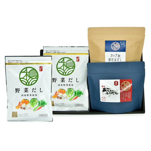 博多あご入りふりだし（15袋入）と野菜だしと飲むおだしのセット　「結」むすび