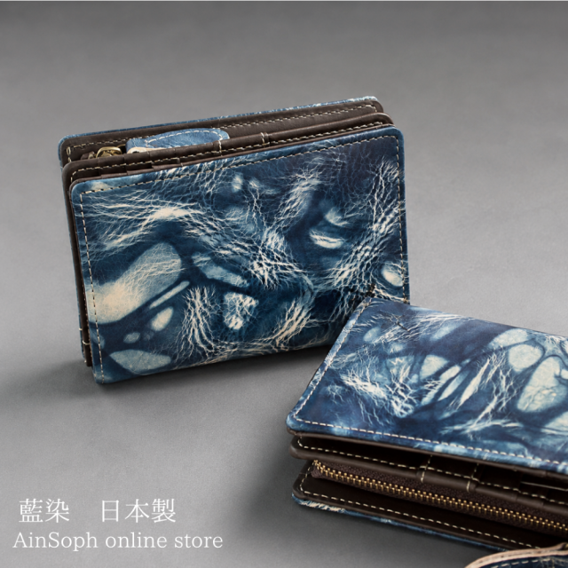 【藍染】Ain Soph (アインソフ)  ミドル折財布 ボックス小銭入れ 日本製 | DA1180-BLA
