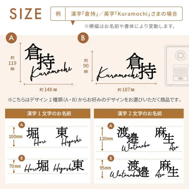 漢字+英字の一体型ステンレス表札のサイズ