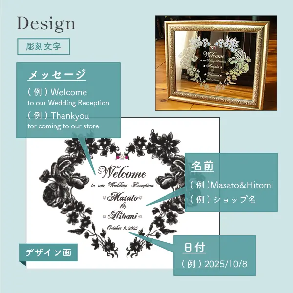 ウェルカムボードには、メッセージやお名前、日付を入れられます