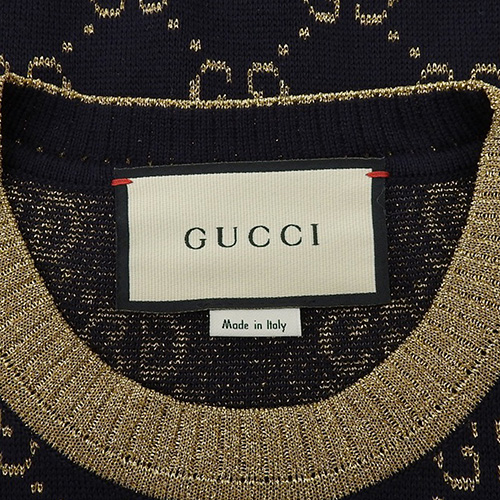 GUCCI - GUCCI(グッチ) GG 半袖ニット トップス セーター アパレル ファッション M コットン ナイロン ネイビー紺 ゴールド金 526759 レディース 40802135497【中古】【アラモード】 GUCCI(グッチ) GG 半袖ニット トップス セーター アパレル