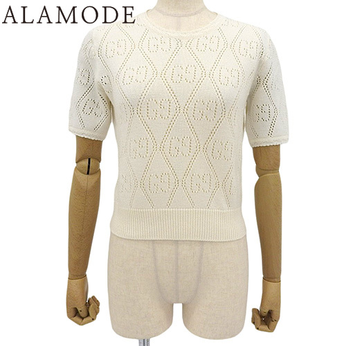 GUCCI(グッチ) GGロゴ 透かし編み ニット トップス アパレル ファッション 半袖 セーター S ウール アイボリー 40802142930【アラモード】 GUCCI(グッチ) GGロゴ 透かし編み ニット トップス アパレル