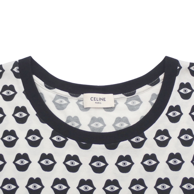 CELINE - CELINE(セリーヌ) テレパシック ラブ プリントTシャツ アパレル ファッション 半袖 アネリ・サナイエ・ヘンリクソン コラボ トップス リップ アイ 総柄 S コットン ホワイト白 ブラック黒 レディース 40802149730【中古】【アラモード】 CELINE(セリーヌ) テレパシック ラブ プリントTシャツ アパレル