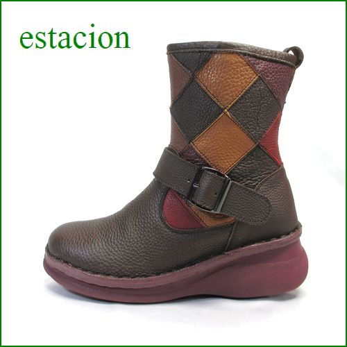 エスタシオン靴  estacion  et103br　ブラウンマルチ　【新・ソールが登場！！エスタシオン靴　すごく可愛い パッチワーク・ベルトブーツ】