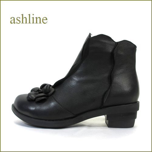 ashline　アシュライン　as11bl　ブラック　【可愛いお花とフラワーカット・・・ashline・・ アイロントゥのショートブーツ】