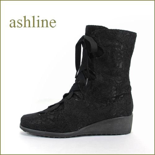 ashline　アシュライン　as4003bl　ブラック　【オールシーズン履ける・・・お花模様のかわいい レース・・ashline　リボンショートブーツ】
