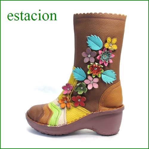estacion  エスタシオン靴  et016br　ブラウンマルチ　【初登場の長さ！！お花咲いてる 新鮮色達。。。エスタシオン・・かわいいハーフブーツ】